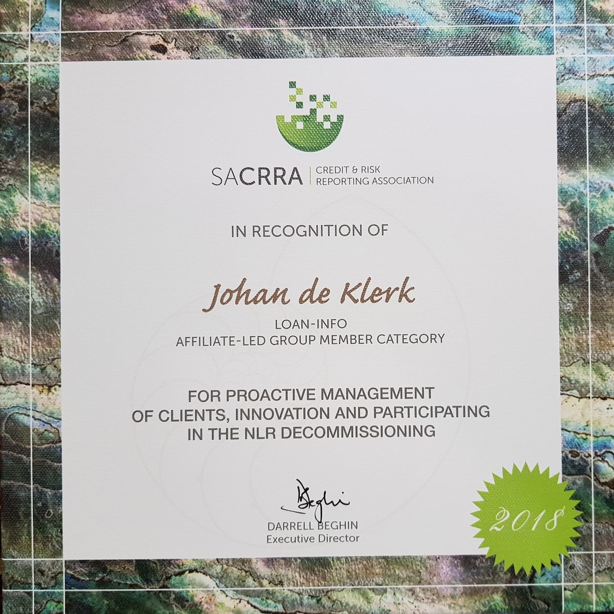 SACRRA Award 2018 - Click to view Large Image